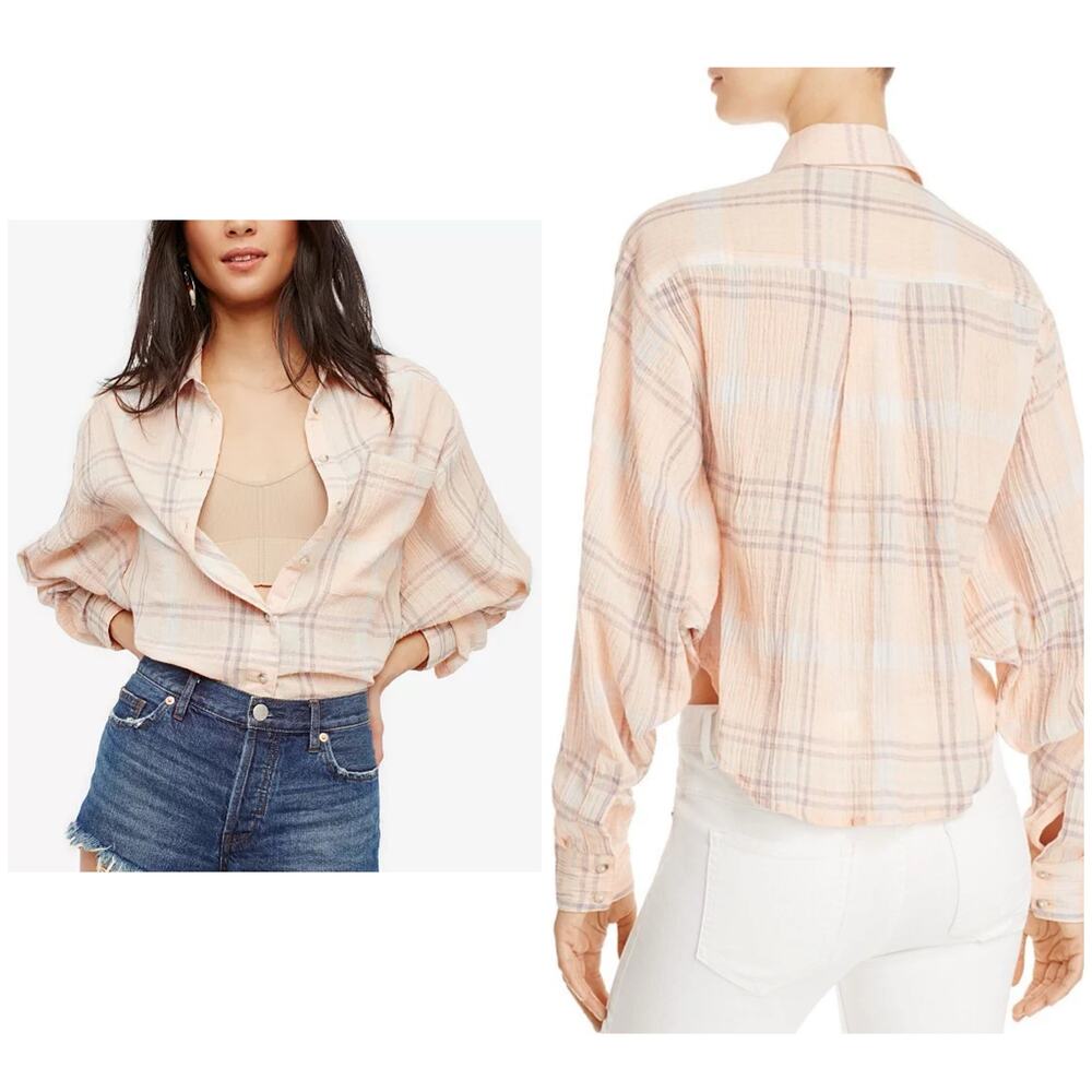 Free People Cotton Cropped Plaid Batwing Shirt Size  Small Pink Boho Western
